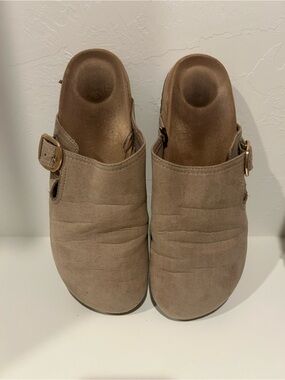 Time and Tru Taupe Suede Mule Clogs with Buckle